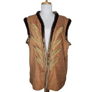 VTG Bob Mackie Wearable Art Faux Fur Trim Embroidered Vest Brown Statement XL